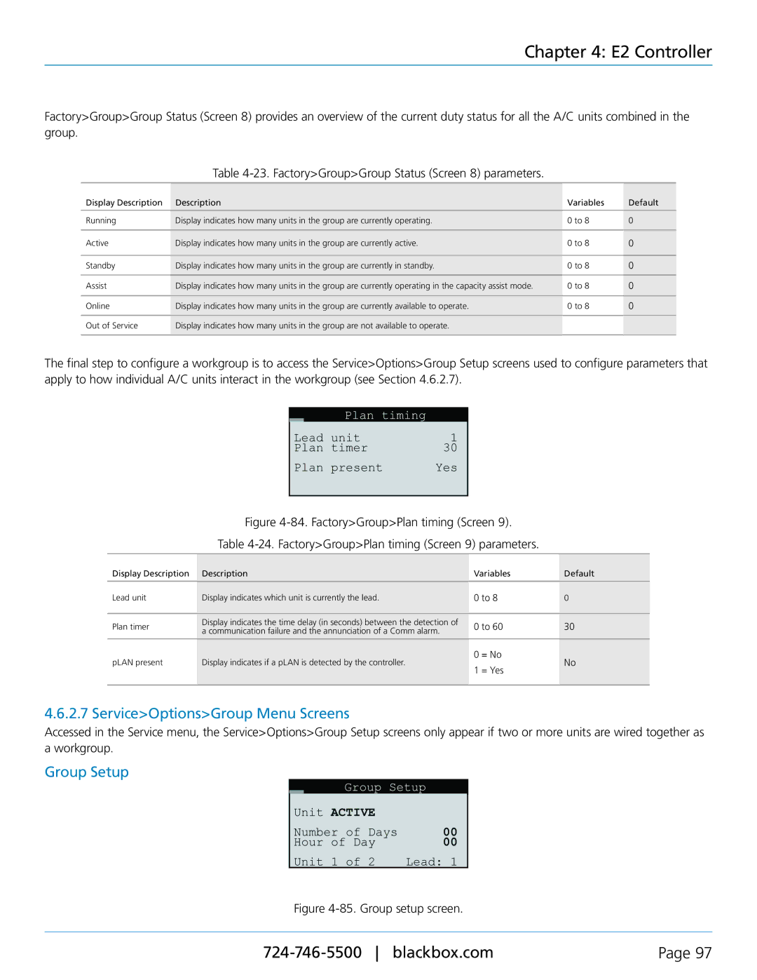 Black Box Black Box Cold Row DX, CRDX-W-FS-12KW, CRDX-A-FS-24KW user manual ServiceOptionsGroup Menu Screens, Group Setup 