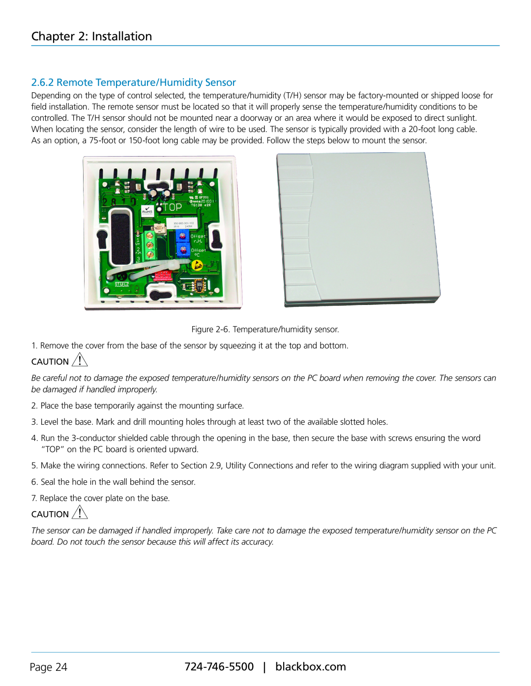 Black Box CRDX-W-FS-24KW, CRDX-W-FS-12KW, CRDX-A-FS-24KW user manual Remote Temperature/Humidity Sensor, Installation, Page 