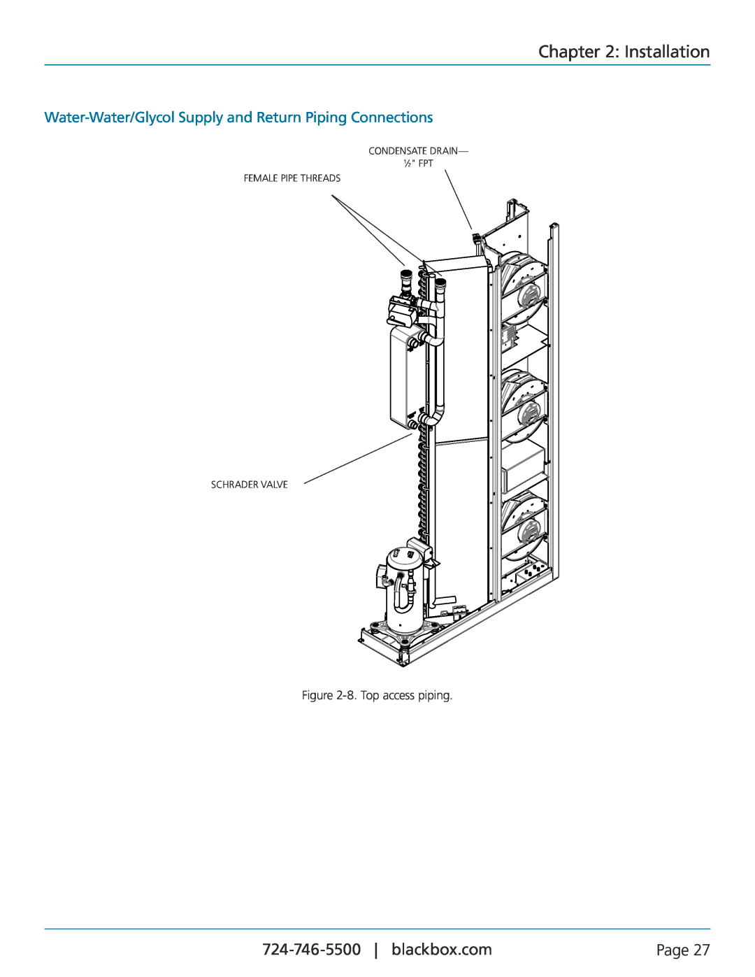 Black Box Black Box Cold Row DX user manual Water-Water/Glycol Supply and Return Piping Connections, Installation, Page 