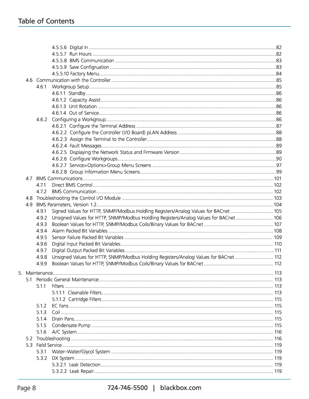 Black Box CRDX-A-FS-24KW, CRDX-W-FS-12KW, CRDX-G-FS-24KW, CRDX-W-FS-24KW, CRDX-G-FS-12KW user manual Table of Contents, Page 