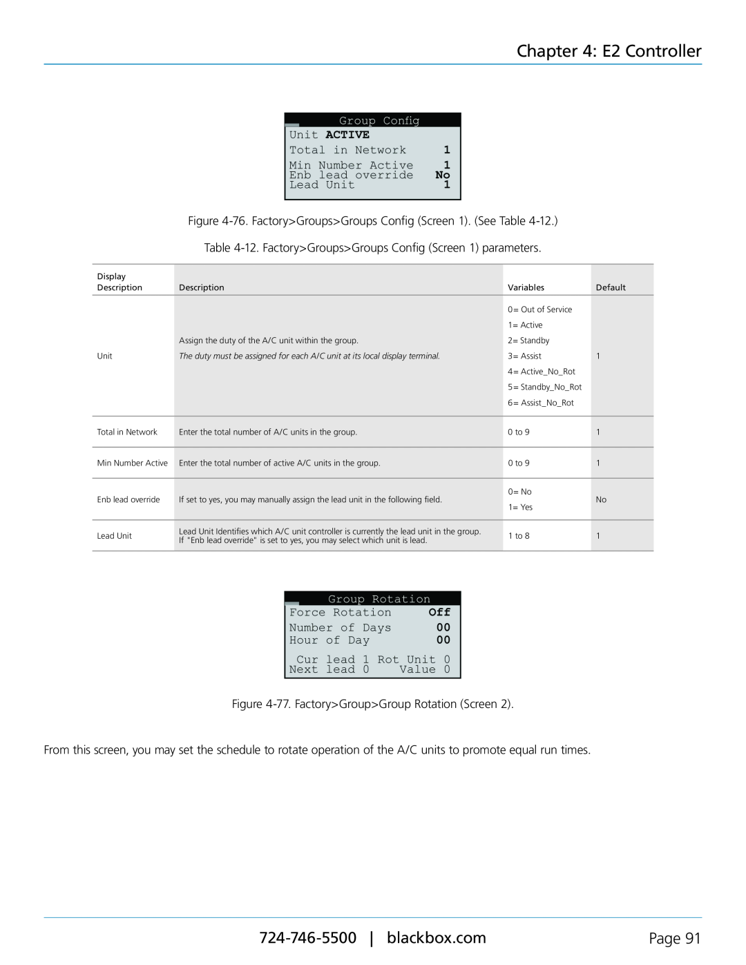 Black Box CRDX-W-FS-12KW, CRDX-A-FS-24KW user manual E2 Controller, Page, 76. FactoryGroupsGroups Config Screen 1. See Table 