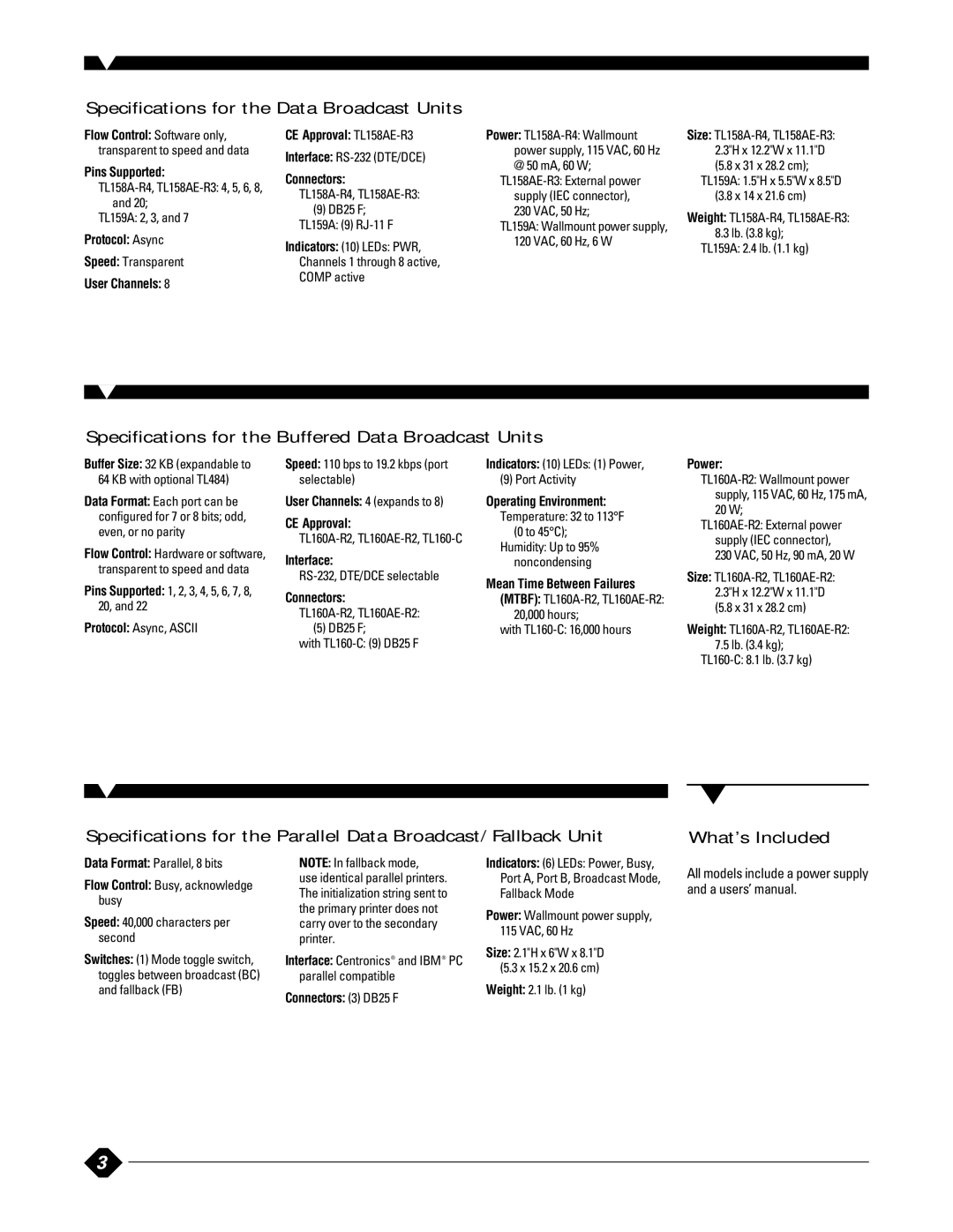 Black Box DB25 manual Specifications for the Data Broadcast Units, Specifications for the Buffered Data Broadcast Units 