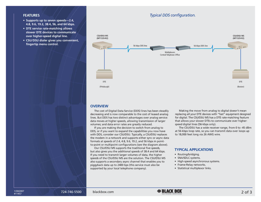 Black Box DSU MS, CSU MS manual Typical DDS configuration, Features, Overview, Typical Applications, Csu/Dsu Ms 