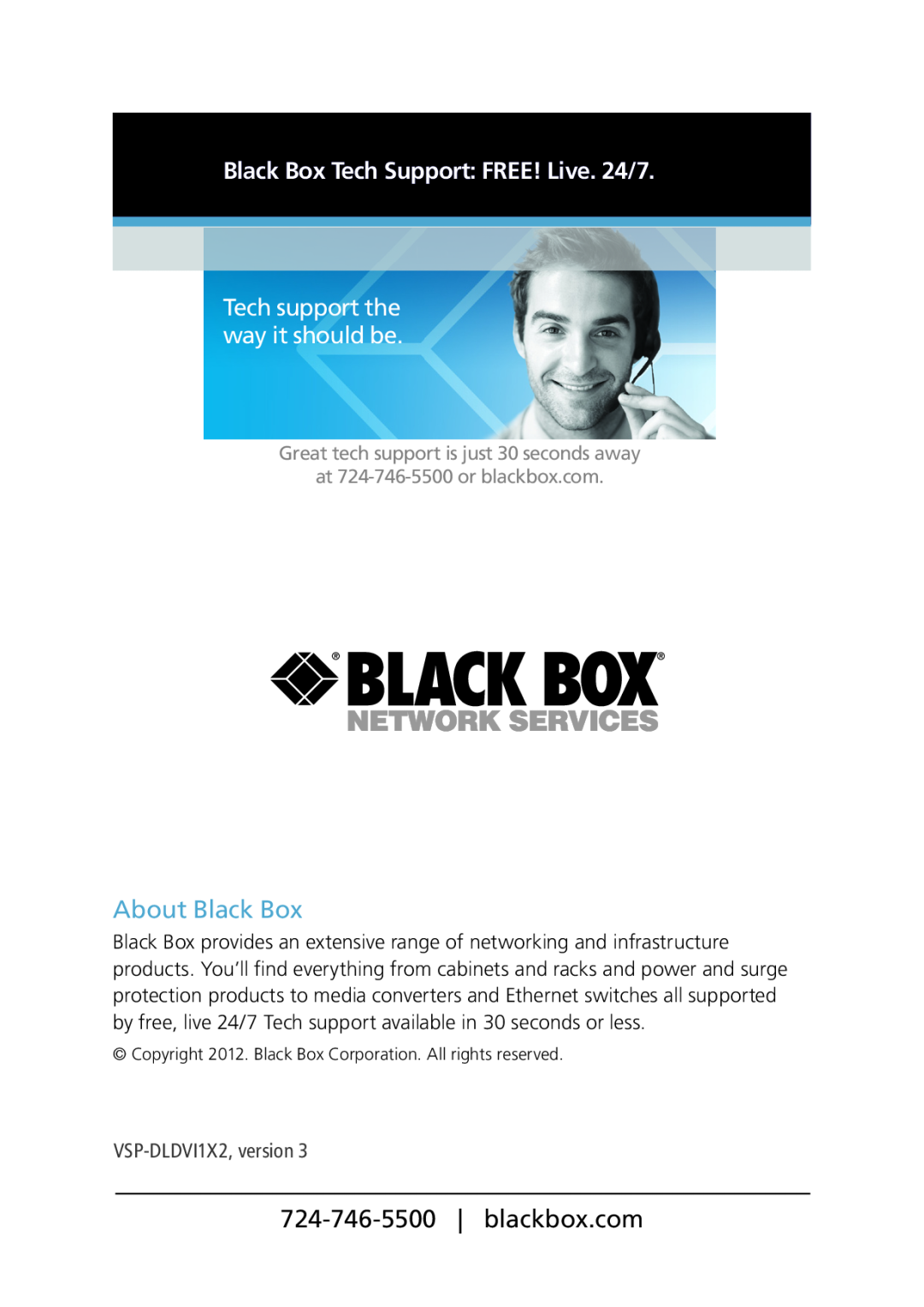 Black Box VSP-DLDVI1X4 manual Chapter, Tech support the way it should be, About Black Box, VSP-DLDVI1X2,version 