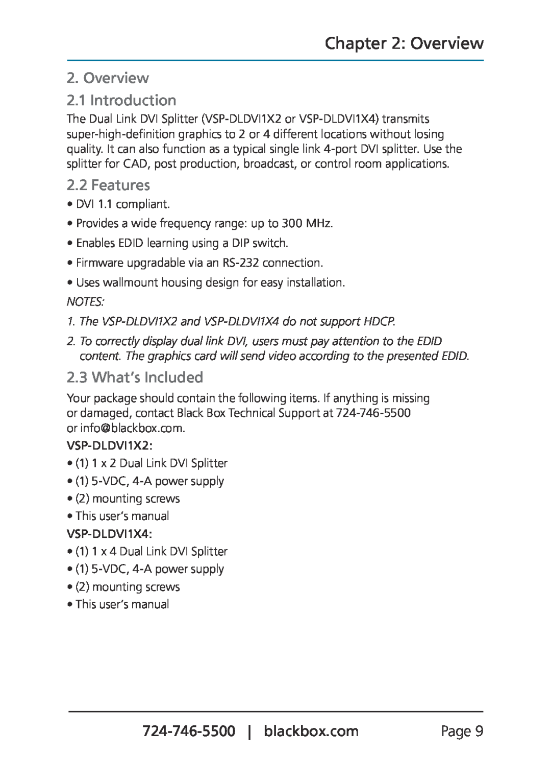 Black Box Dual Link DVI Splitters, VSP-DLDVI1X4, VSP-DLDVI1X2 manual Overview 2.1 Introduction, Features, What’s Included 