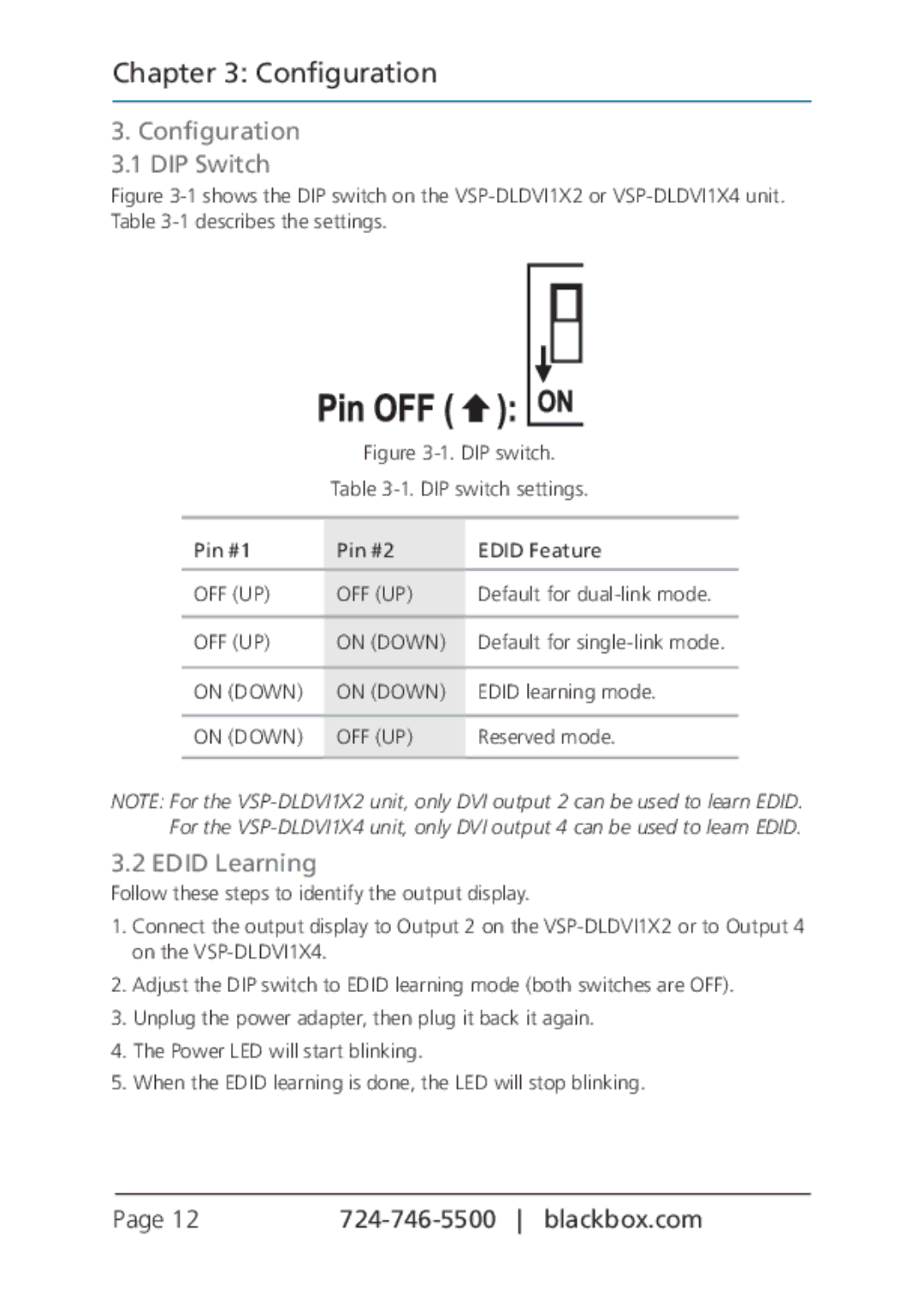 Black Box Dual Link DVI Splitters, VSP-DLDVI1X4, VSP-DLDVI1X2 manual Configuration 3.1 DIP Switch, Edid Learning 