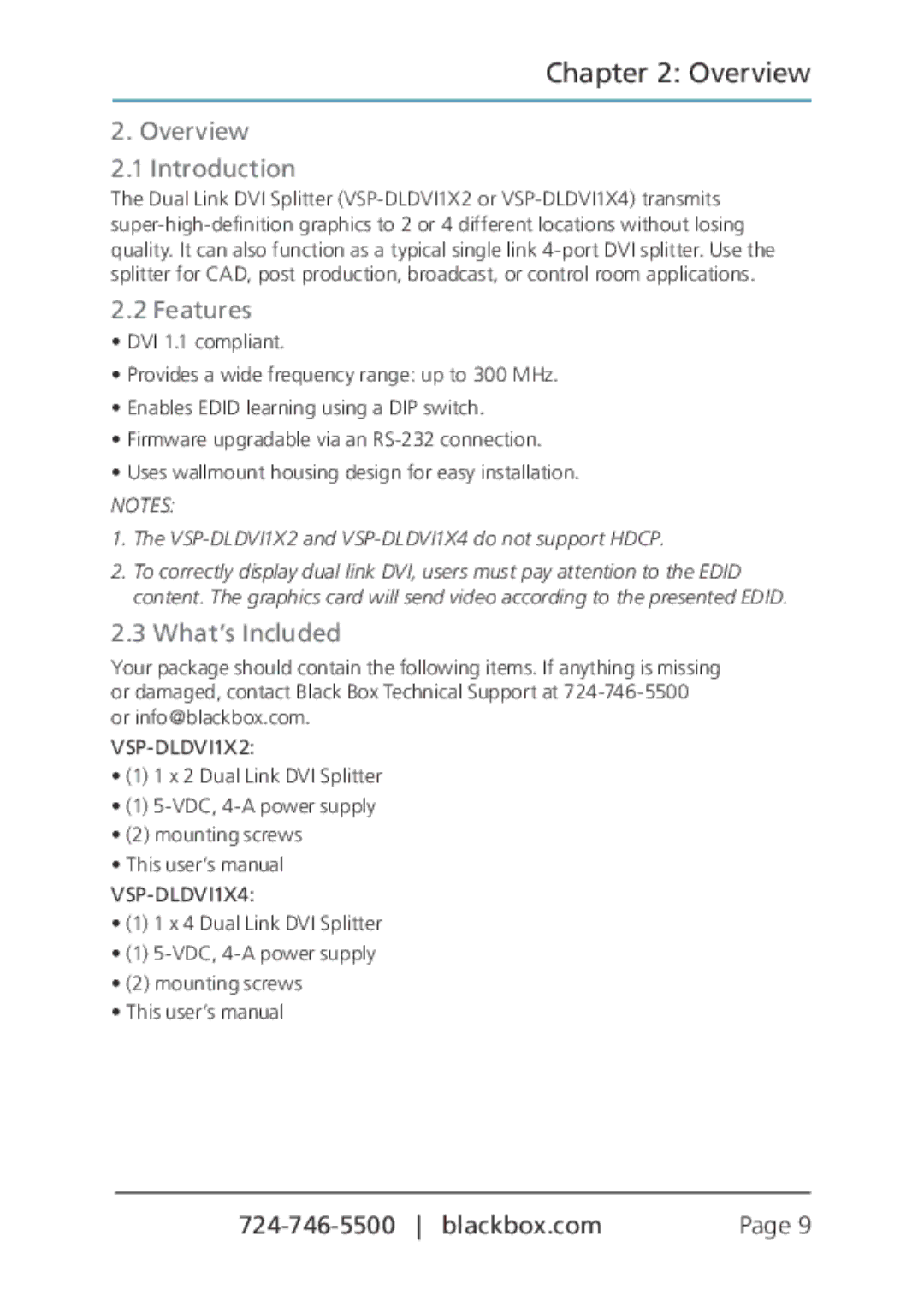 Black Box Dual Link DVI Splitters, VSP-DLDVI1X4, VSP-DLDVI1X2 manual Overview Introduction, Features, What’s Included 