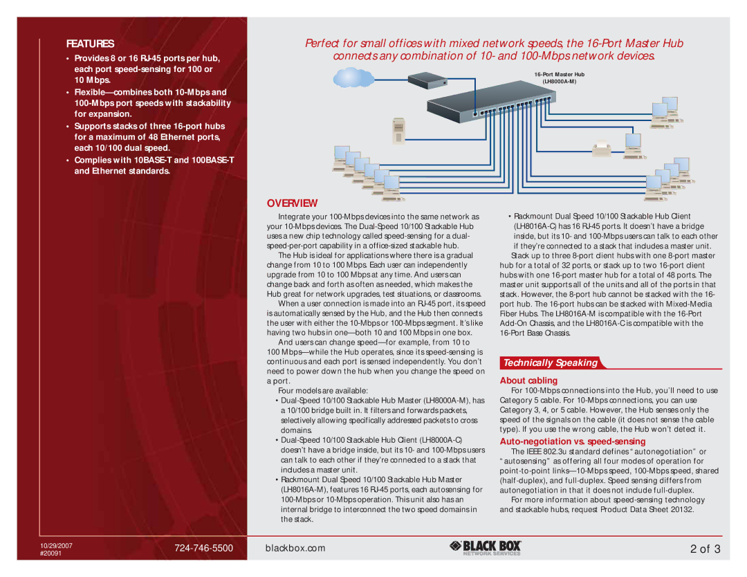 Black Box Dual-Speed 10/100 Stackable Hub manual Overview, About cabling, Auto-negotiation vs. speed-sensing 