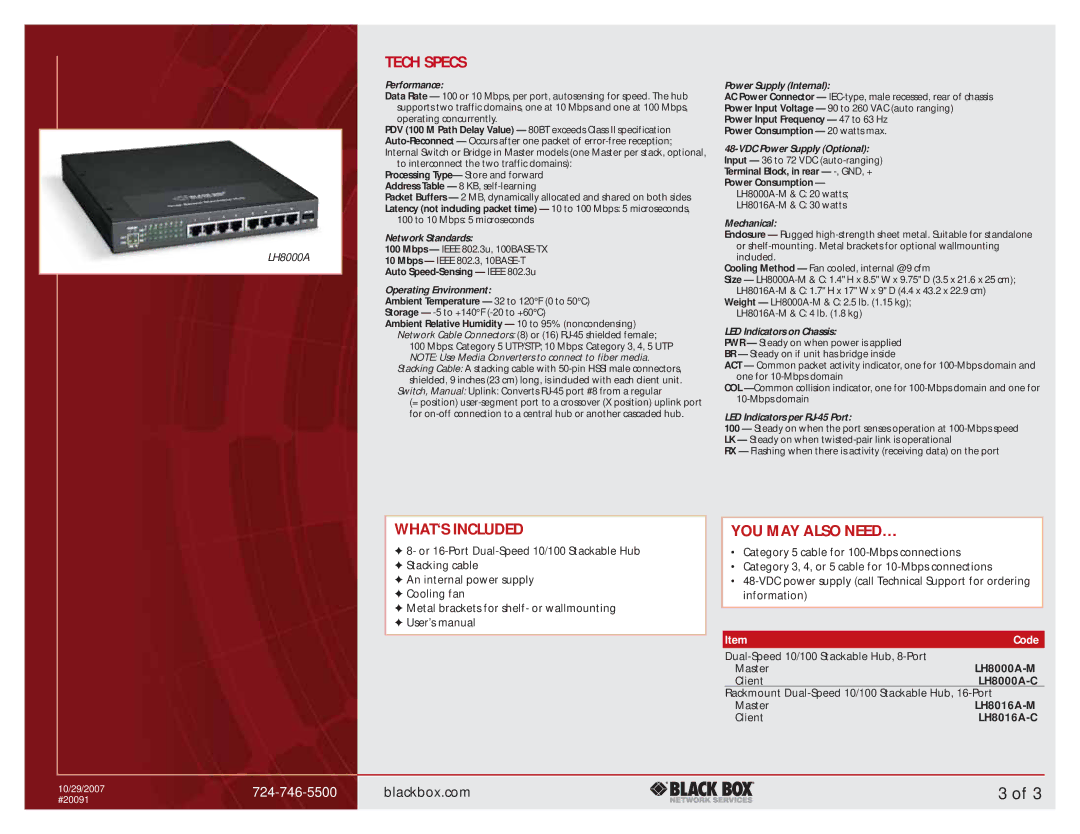 Black Box Dual-Speed 10/100 Stackable Hub manual Tech Specs, WHAT‘S Included, YOU MAY Also NEED… 