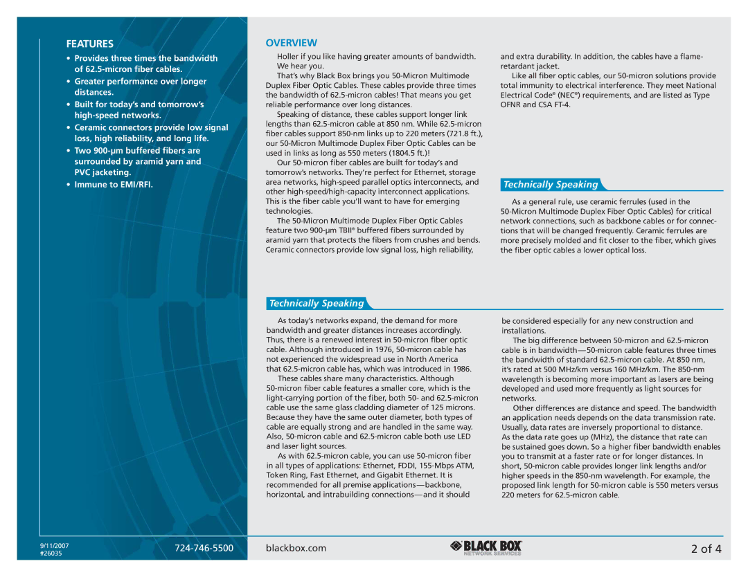 Black Box Duplex Fiber Optic Cable manual Features, Overview 