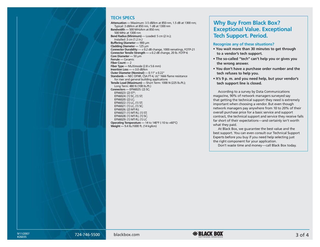 Black Box Duplex Fiber Optic Cable manual Tech Specs, Buffering Diameter 900 µm Cladding Diameter 125 µm 