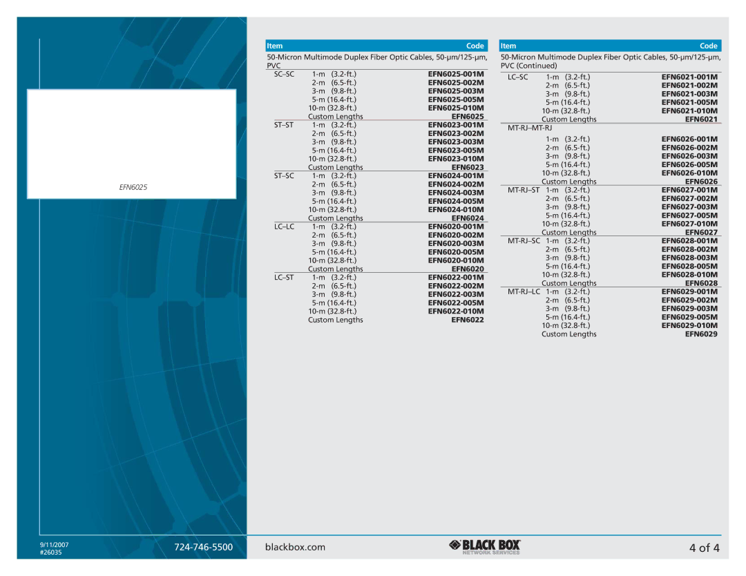 Black Box Duplex Fiber Optic Cable manual Code 