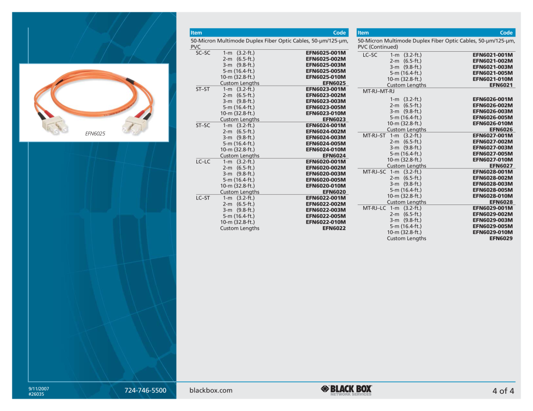 Black Box Duplex Fiber Optic Cable manual 4 of, EFN6025, Code 