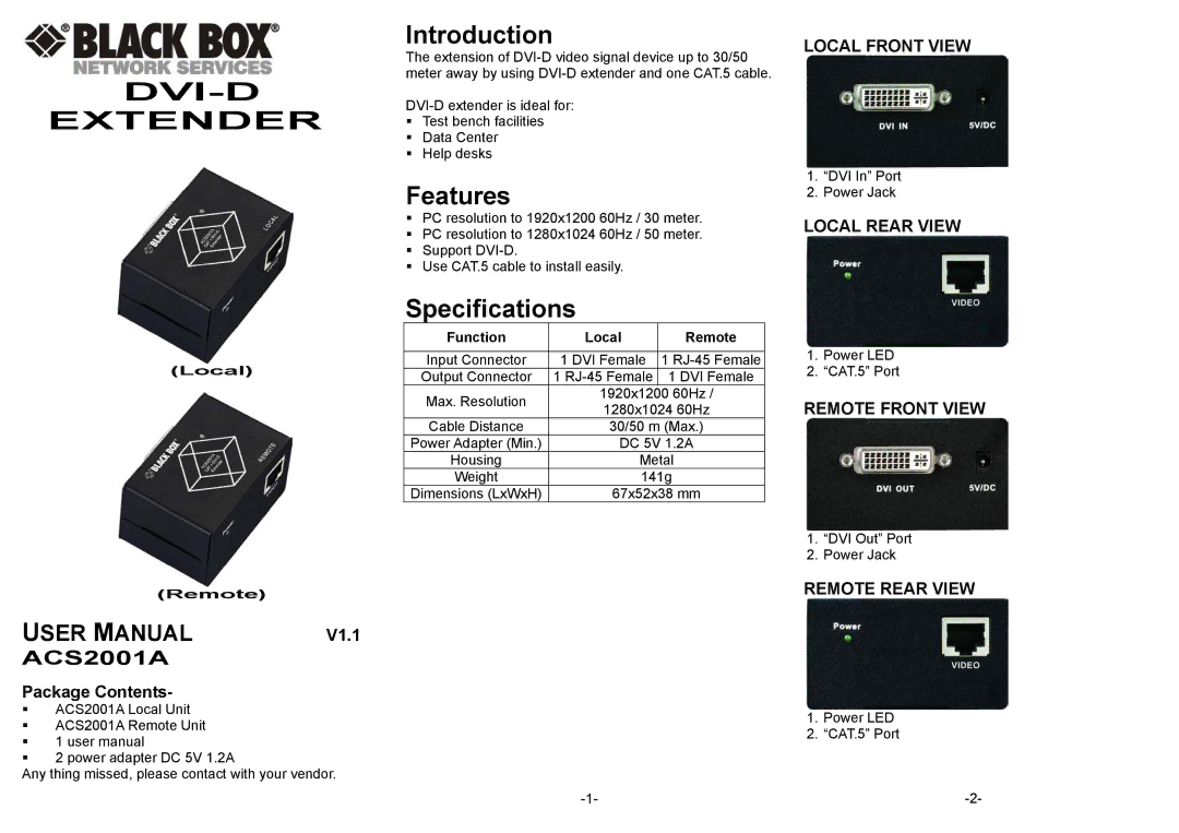 Black Box ACS2001A, DVI-D Extender specifications Introduction, Features, Specifications, Function Local Remote 