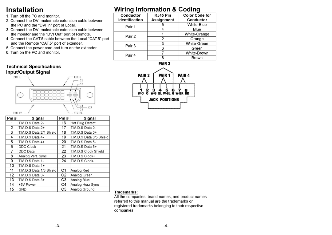 Black Box DVI-D Extender, ACS2001A Installation, Conductor RJ45 Pin Color Code for Identification Assignment, Pin # Signal 