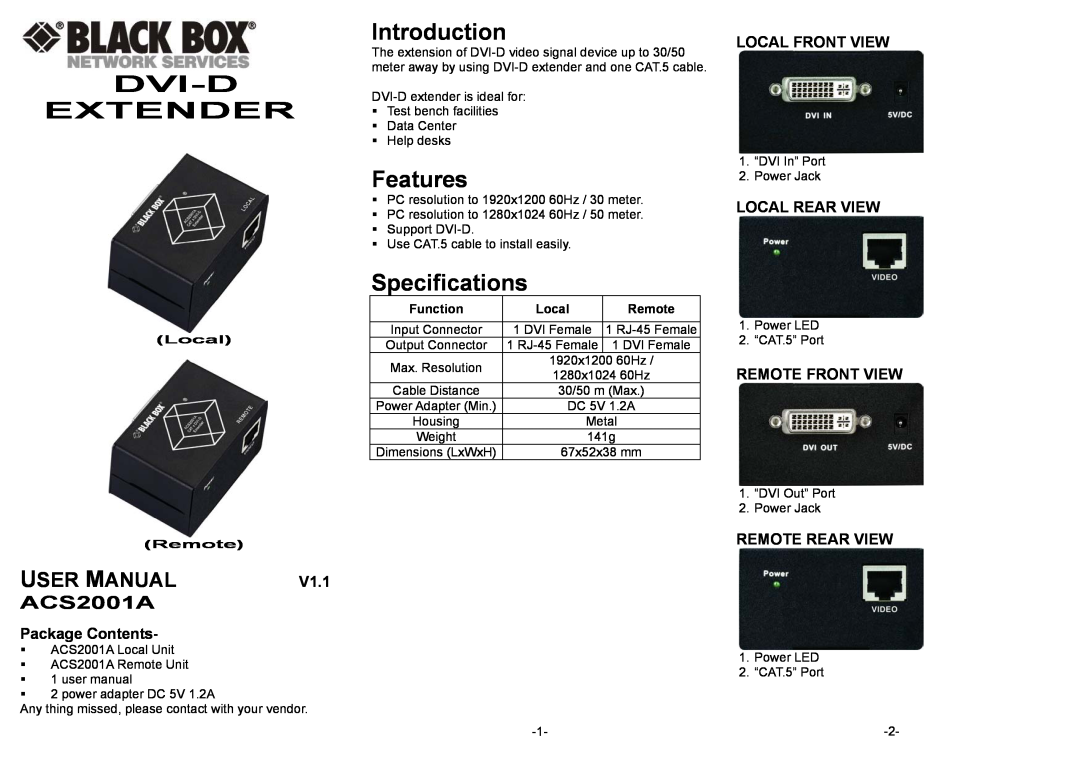 Black Box ACS2001A specifications Local Remote, Introduction, Features, Specifications, V1.1, Package Contents, Function 