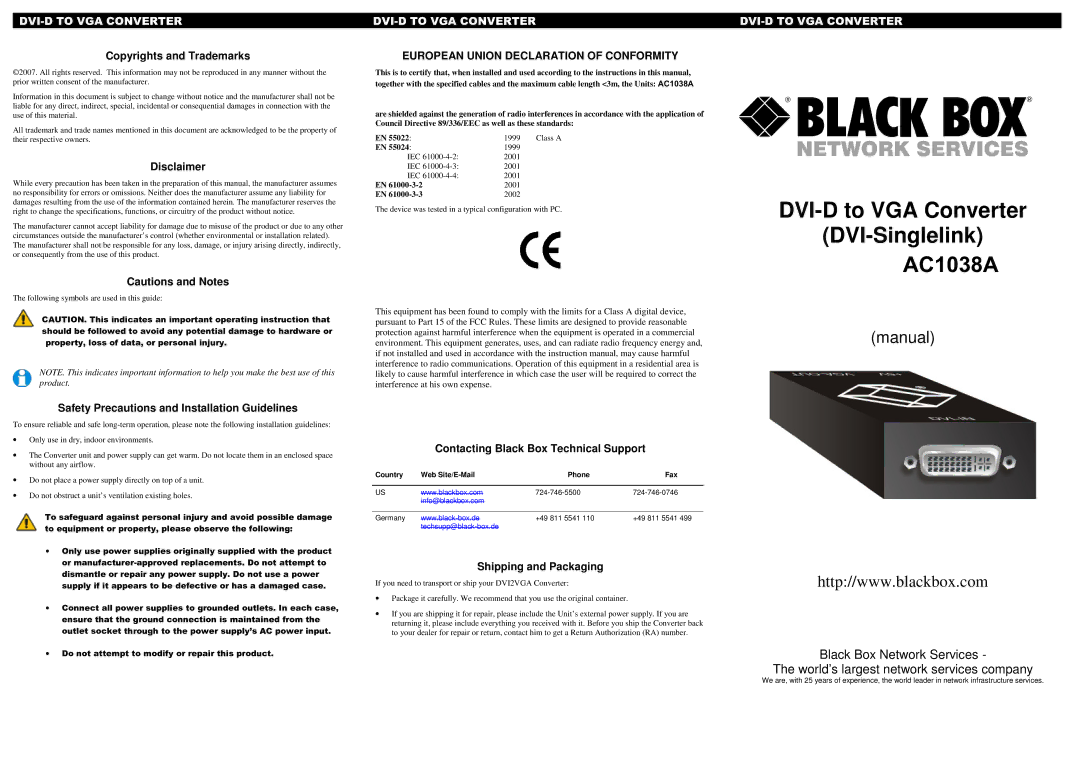 Black Box DVI-D TO VGA CONVERTER specifications Copyrights and Trademarks, Disclaimer, Shipping and Packaging 