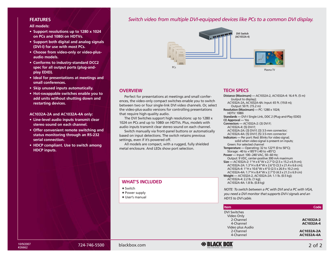 Black Box DVI Switches manual 2 of, Features, Overview, What‘S Included, Tech Specs 