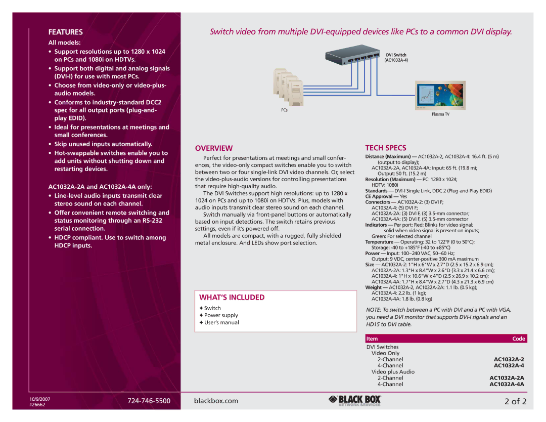 Black Box DVI Switches manual Features, Overview, WHAT‘S Included, Tech Specs, Code 