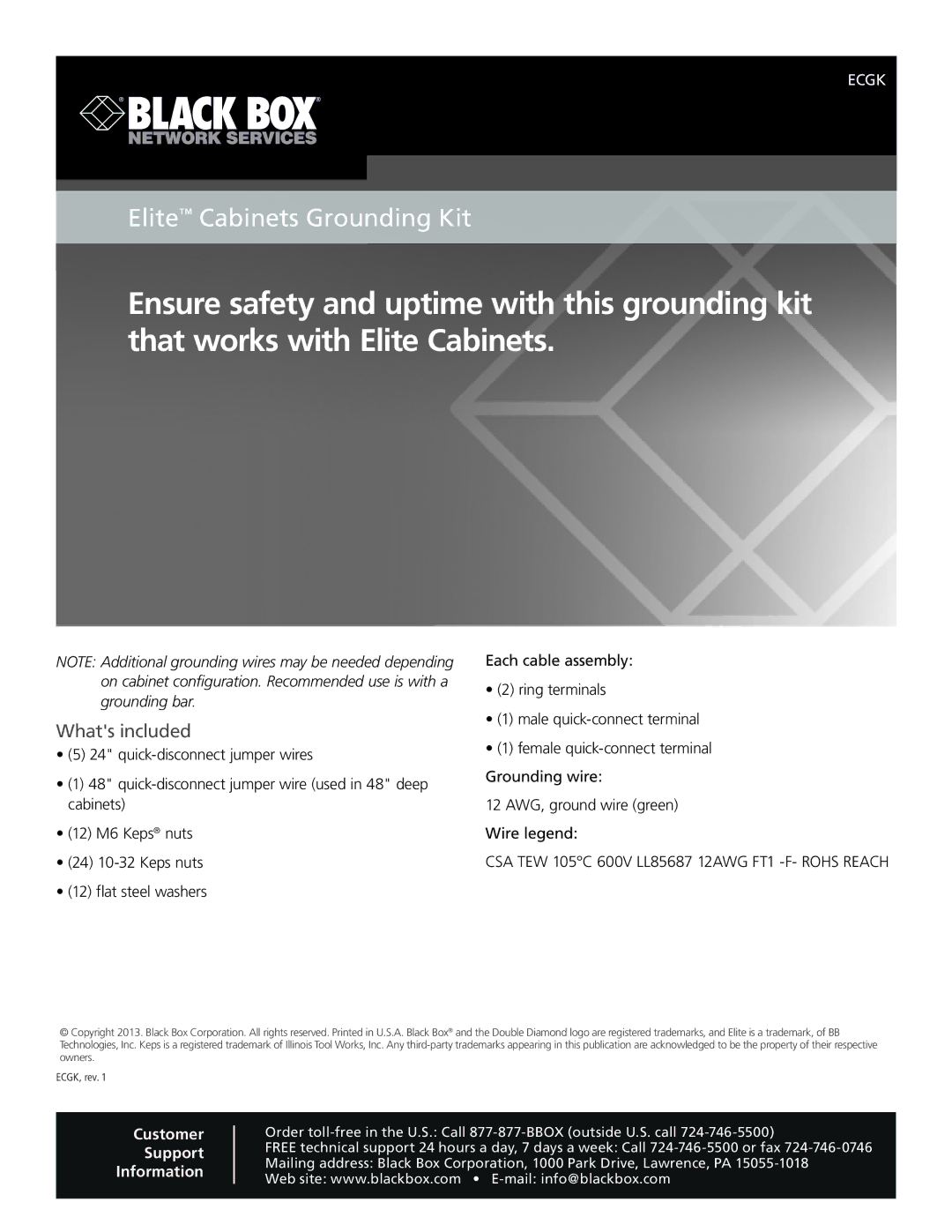 Black Box Elite Cabinets Grounding Kit, MT1000A-85-R4 manual Whats included, Customer Support Information 