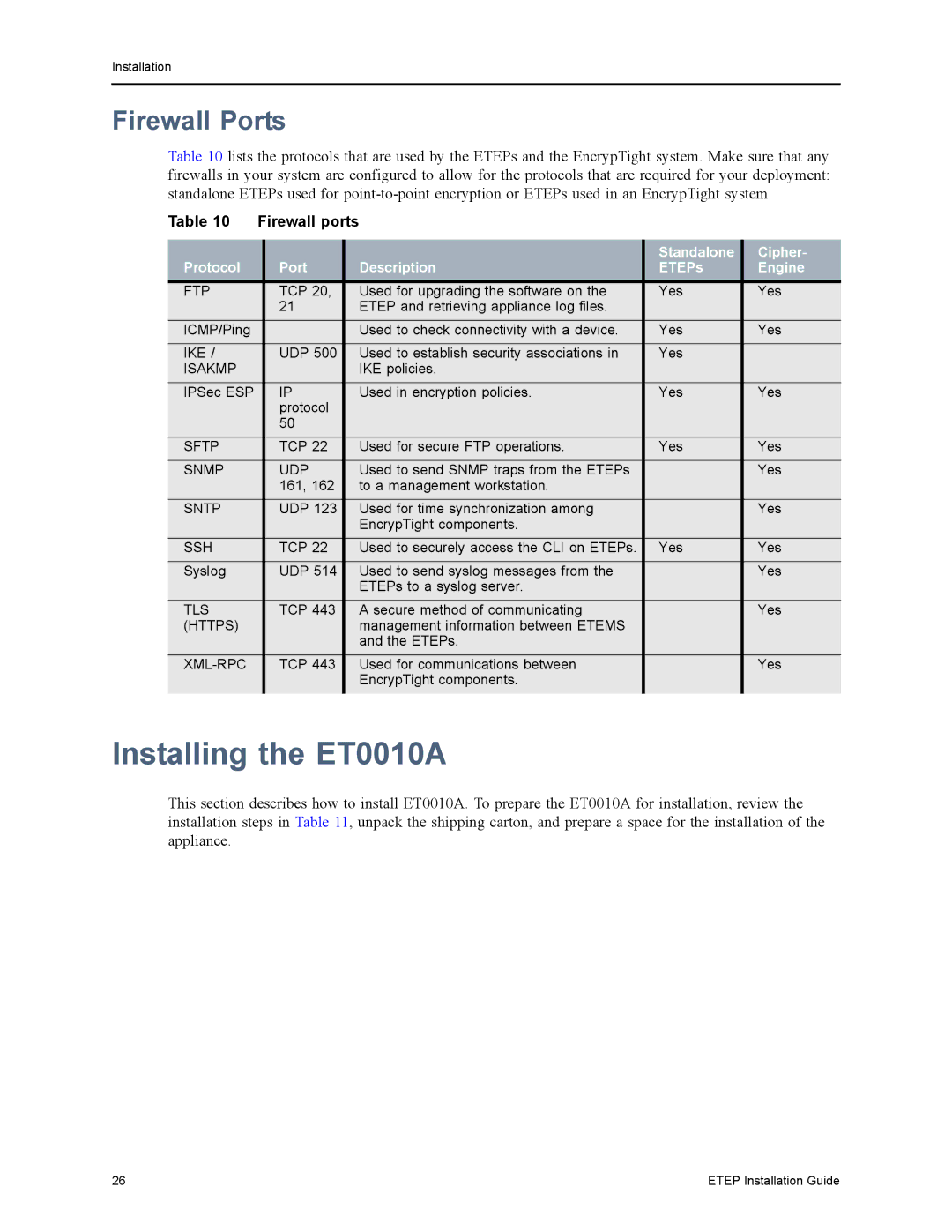 Black Box EncrypTight Enforcement Point (ETEP) Installation Guide Installing the ET0010A, Firewall Ports, Firewall ports 