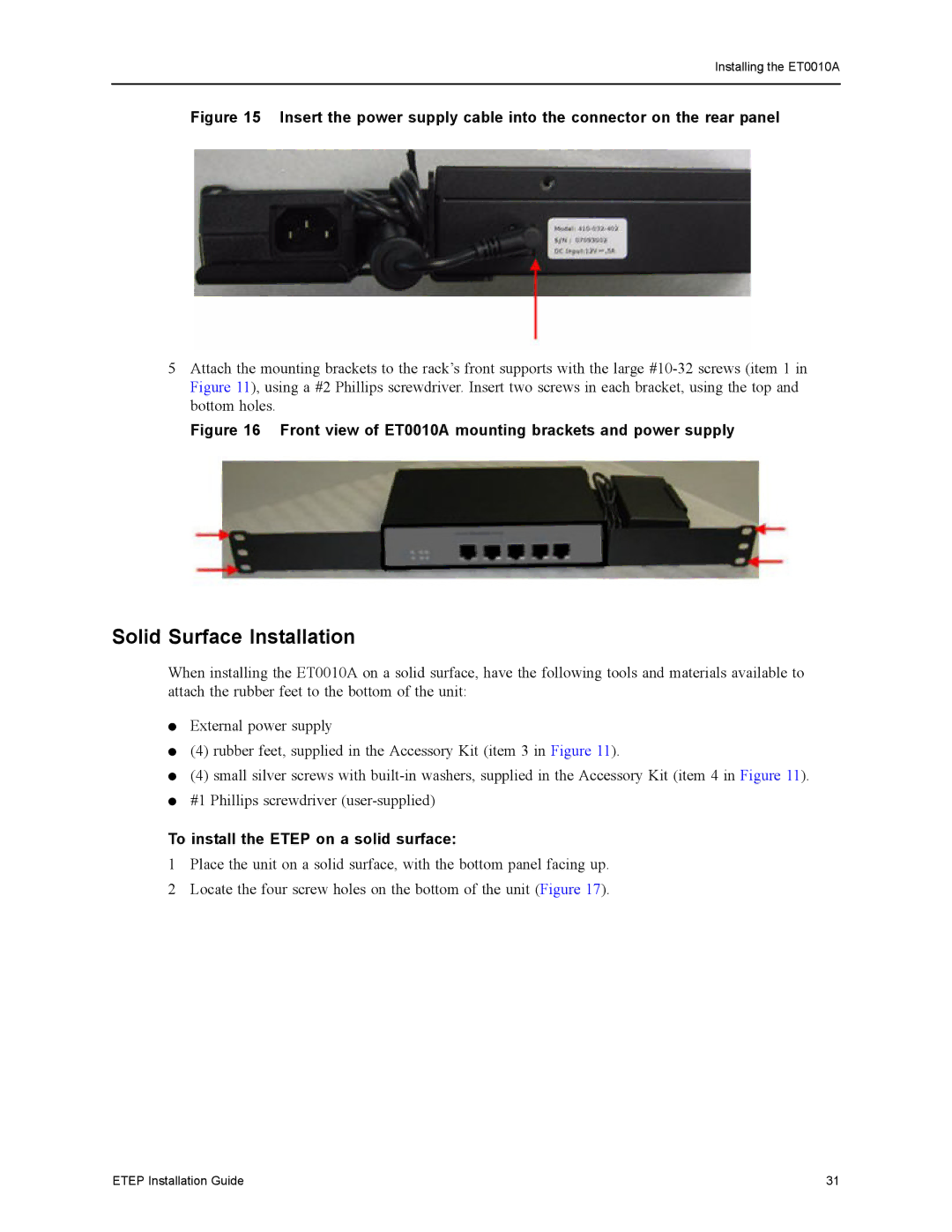 Black Box EncrypTight Enforcement Point (ETEP) Installation Guide Front view of ET0010A mounting brackets and power supply 