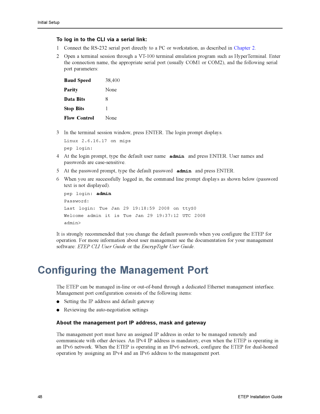 Black Box EncrypTight Enforcement Point (ETEP) Installation Guide manual Configuring the Management Port 