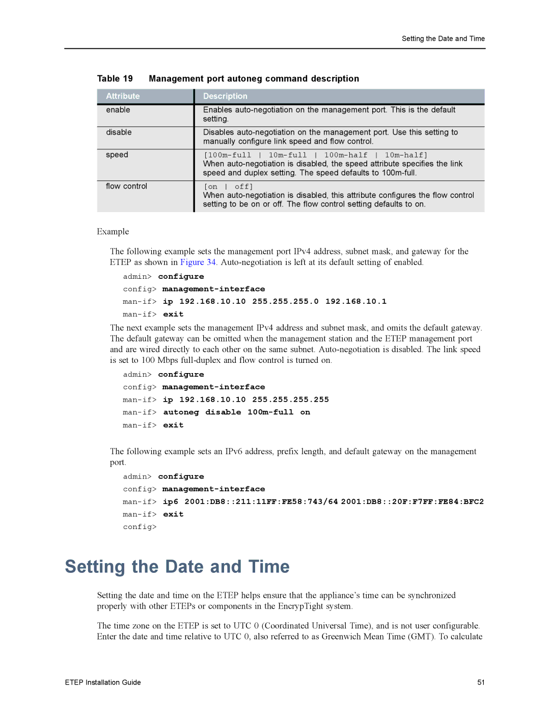 Black Box EncrypTight Enforcement Point (ETEP) Installation Guide manual Setting the Date and Time, Attribute Description 