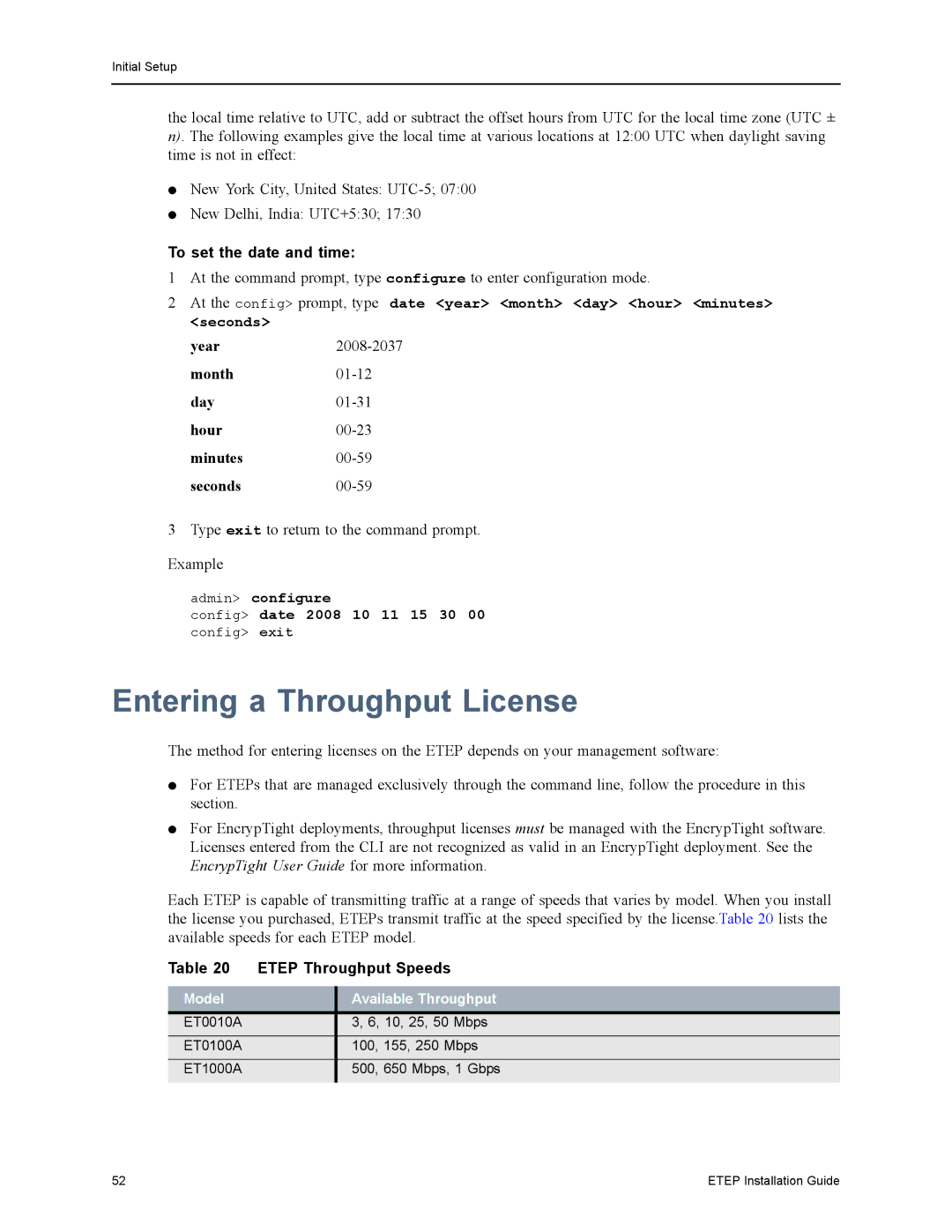 Black Box EncrypTight Enforcement Point (ETEP) Installation Guide Entering a Throughput License, To set the date and time 