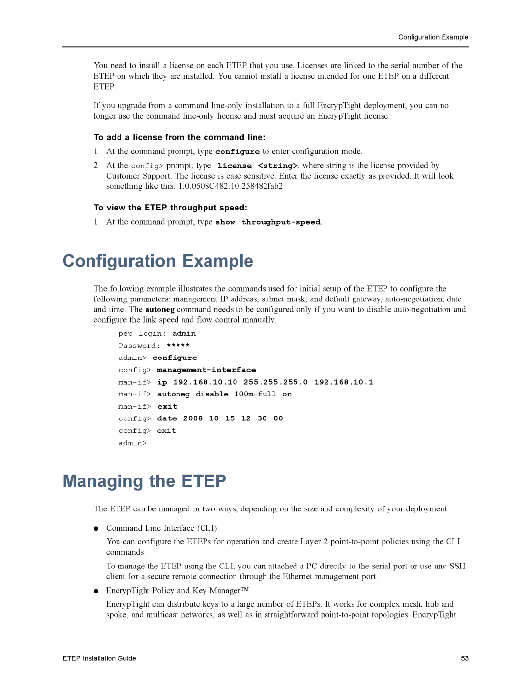 Black Box EncrypTight Enforcement Point (ETEP) Installation Guide manual Configuration Example, Managing the Etep 