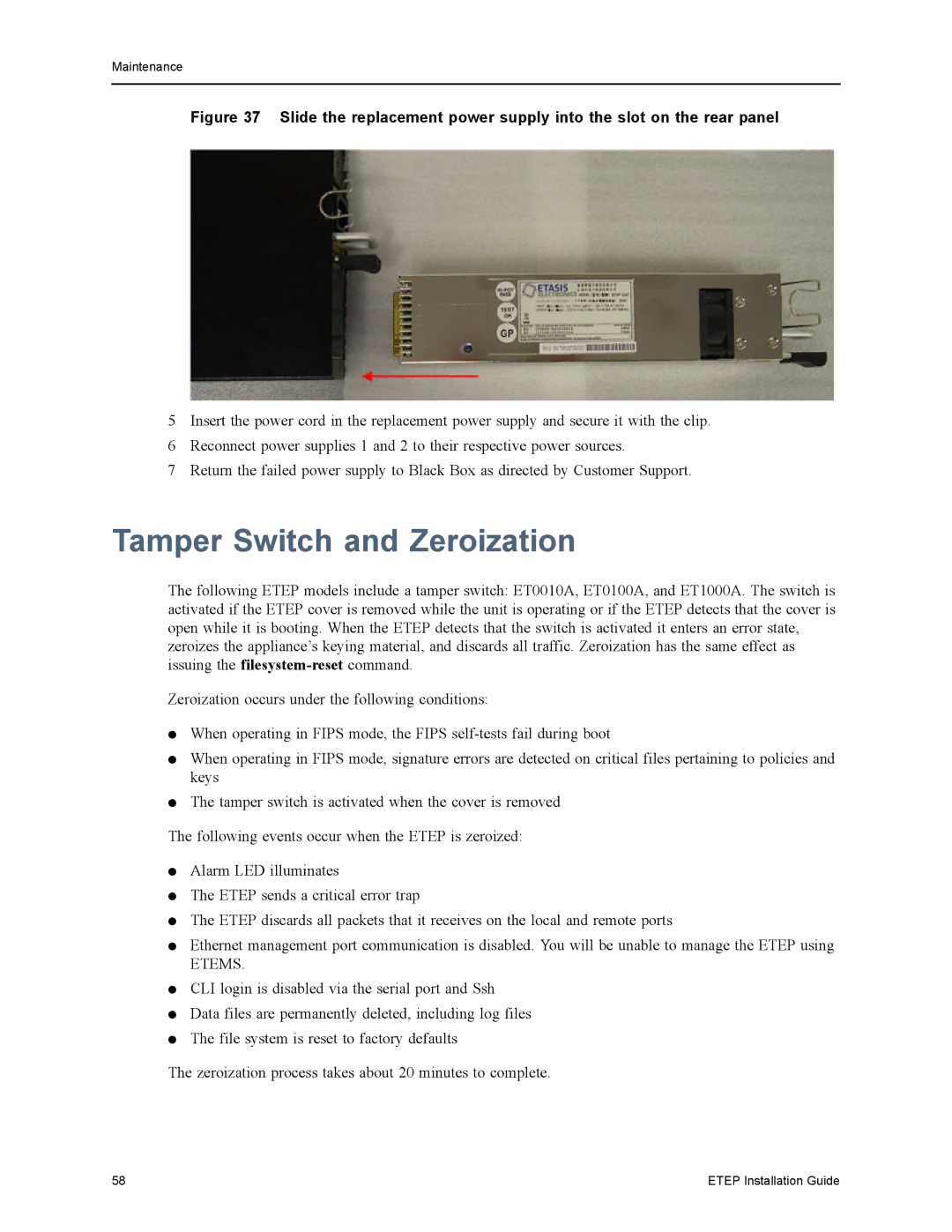 Black Box EncrypTight Enforcement Point (ETEP) Installation Guide manual Tamper Switch and Zeroization, Etems 