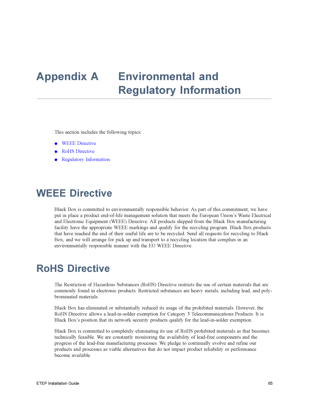 Black Box EncrypTight Enforcement Point (ETEP) Installation Guide Appendix a Environmental and Regulatory Information 