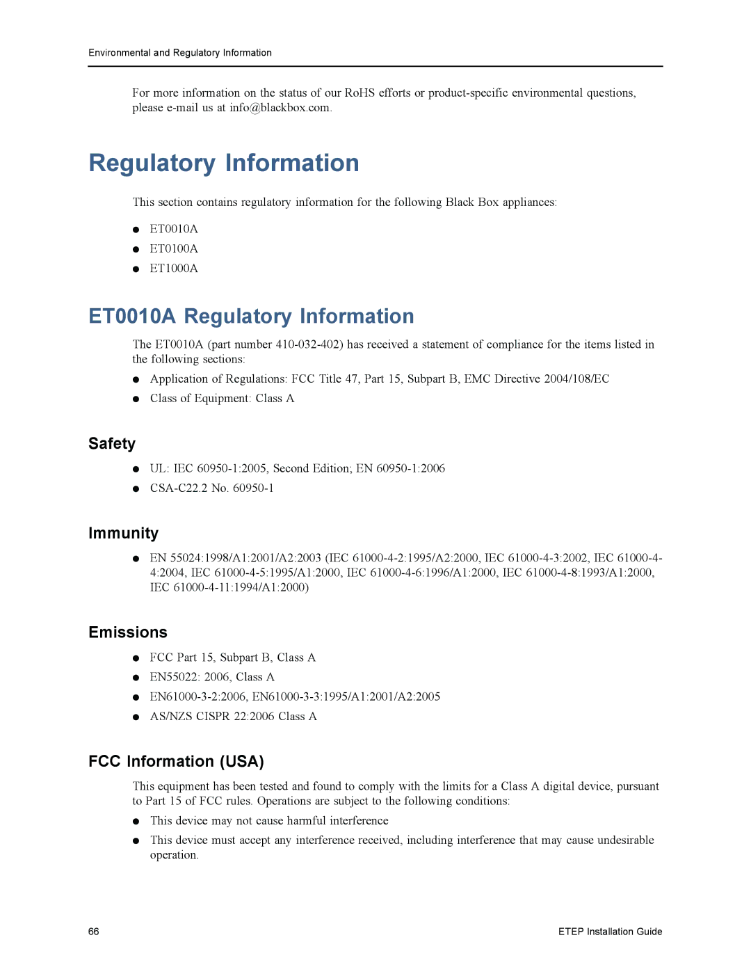 Black Box EncrypTight Enforcement Point (ETEP) Installation Guide manual ET0010A Regulatory Information 