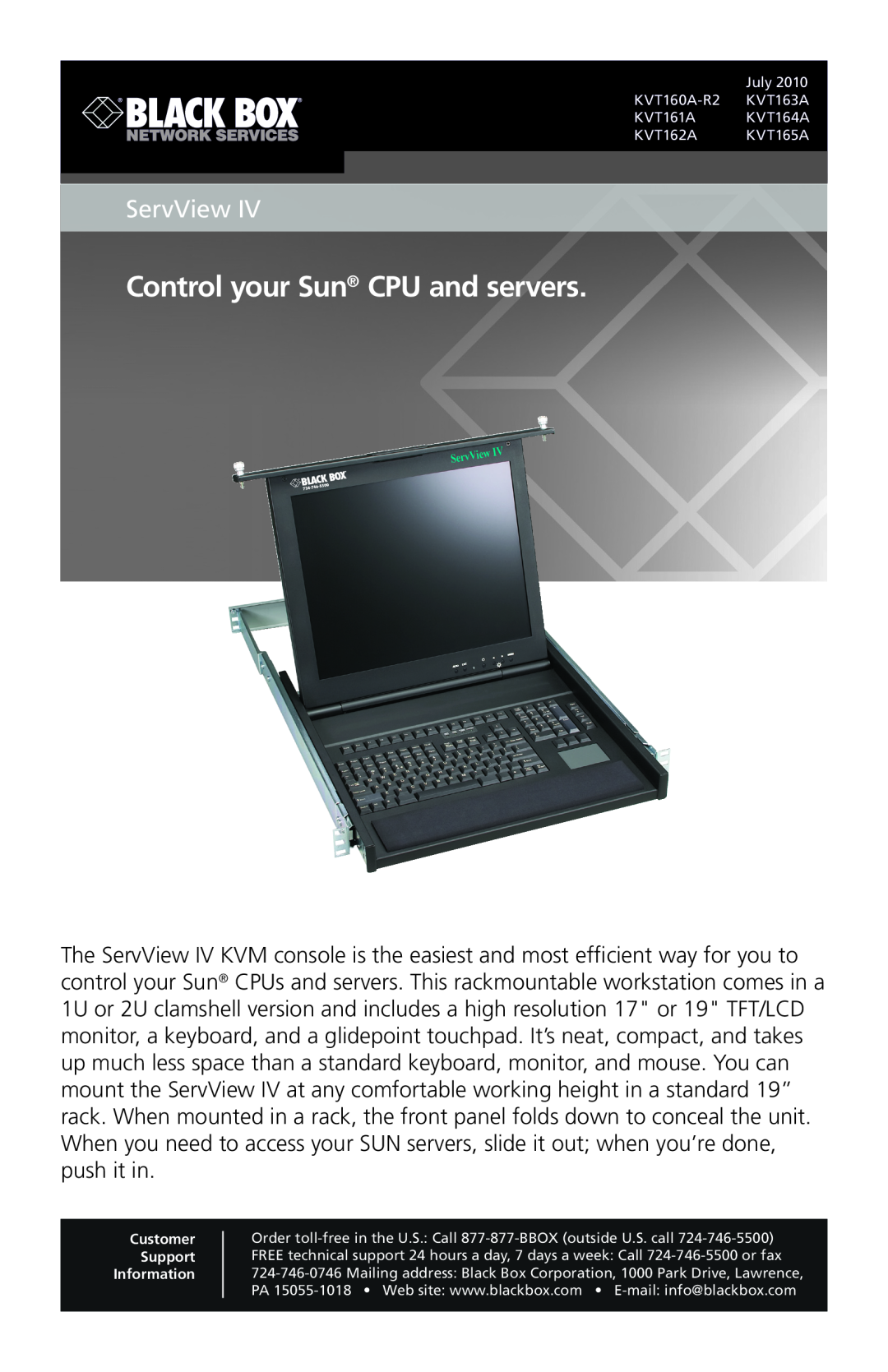 Black Box KVT165A, ervView IV, KVT160A-R2, KVT164A, KVT162A, KVT163A KVT161A manual ServView, Control your Sun CPU and servers 
