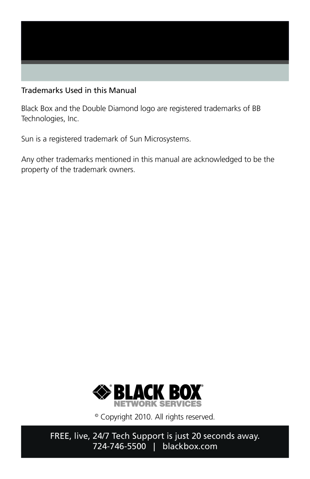 Black Box KVT162A, KVT165A blackbox.com, Trademarks Used in this Manual, Sun is a registered trademark of Sun Microsystems 