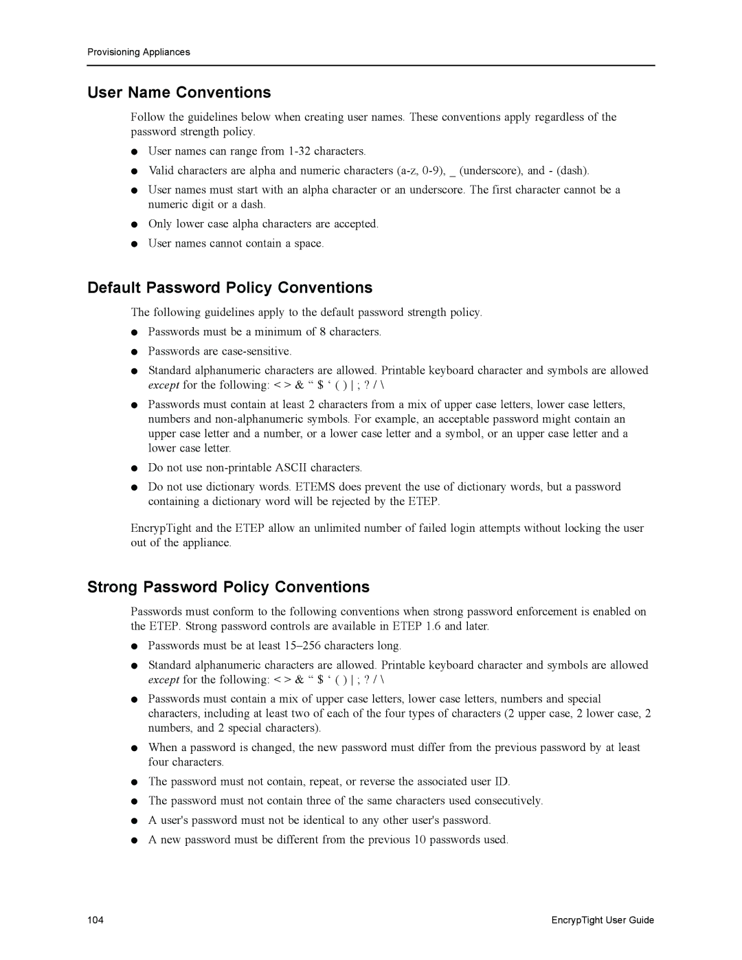 Black Box ET0100A, ET1000A User Name Conventions, Default Password Policy Conventions, Strong Password Policy Conventions 