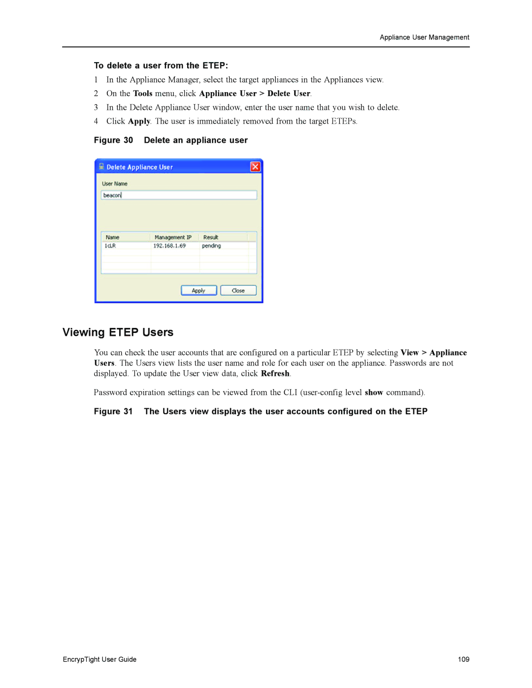 Black Box ET1000A Viewing Etep Users, To delete a user from the Etep, On the Tools menu, click Appliance User Delete User 