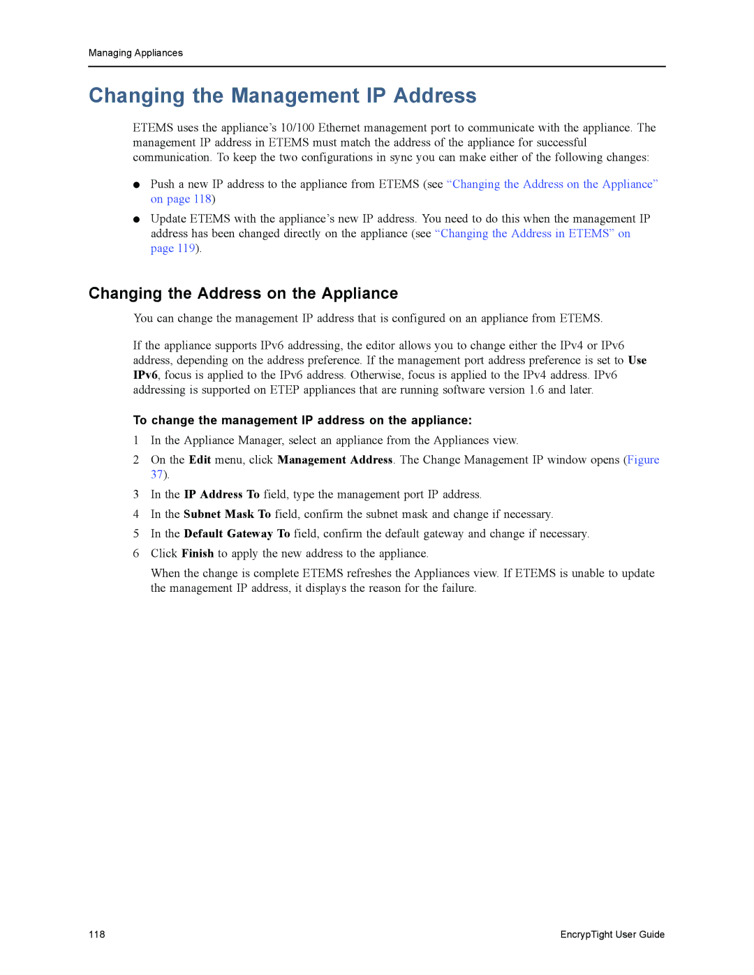 Black Box ET0010A, ET1000A, EncrypTight, ET0100A Changing the Management IP Address, Changing the Address on the Appliance 