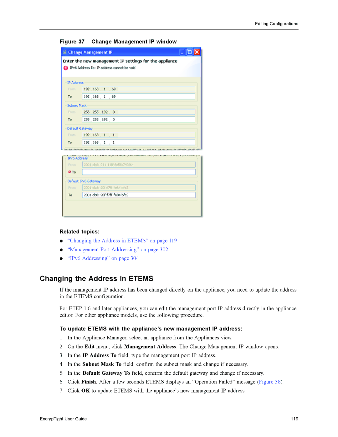 Black Box EncrypTight, ET1000A, ET0010A, ET0100A Changing the Address in Etems, Change Management IP window Related topics 