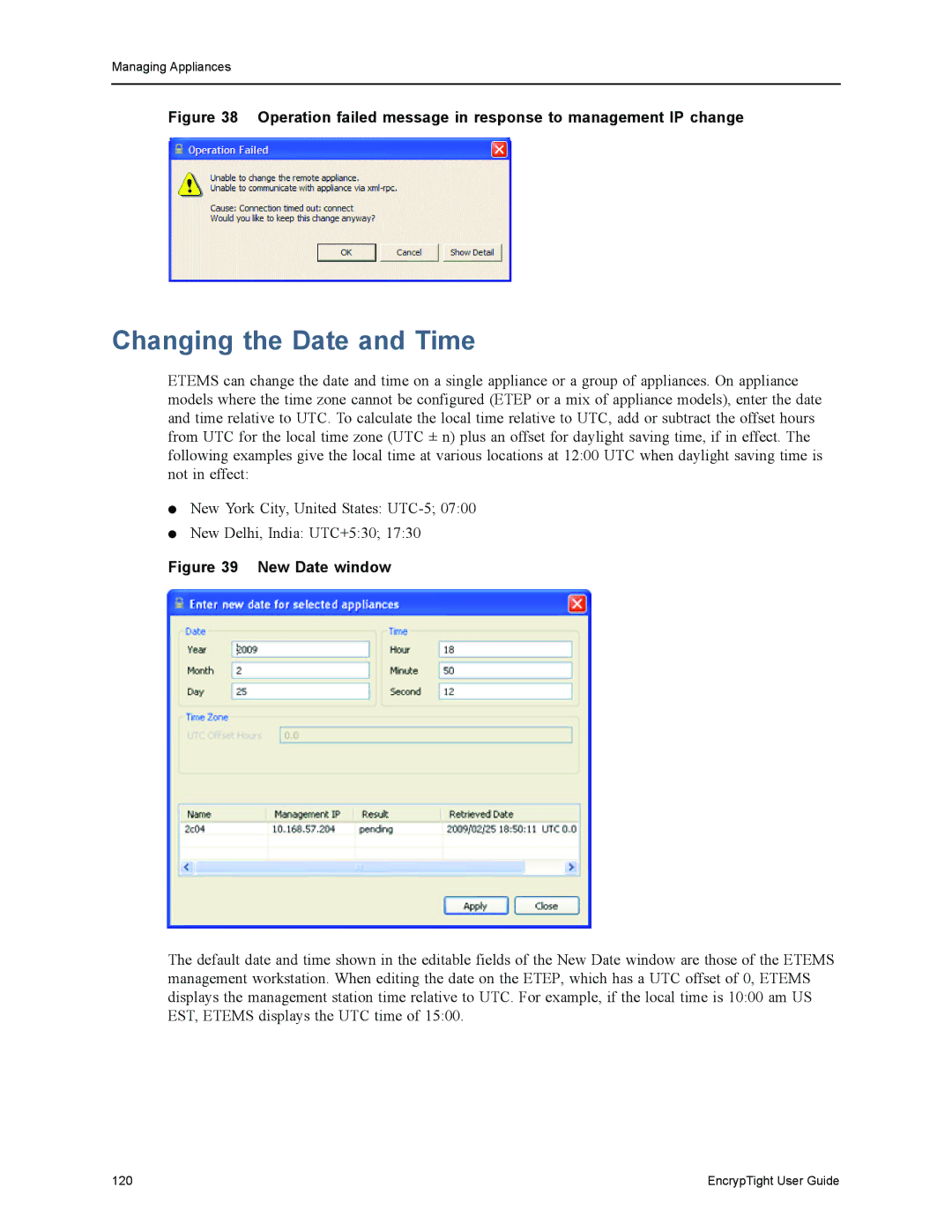 Black Box ET0100A, ET1000A manual Changing the Date and Time, Operation failed message in response to management IP change 