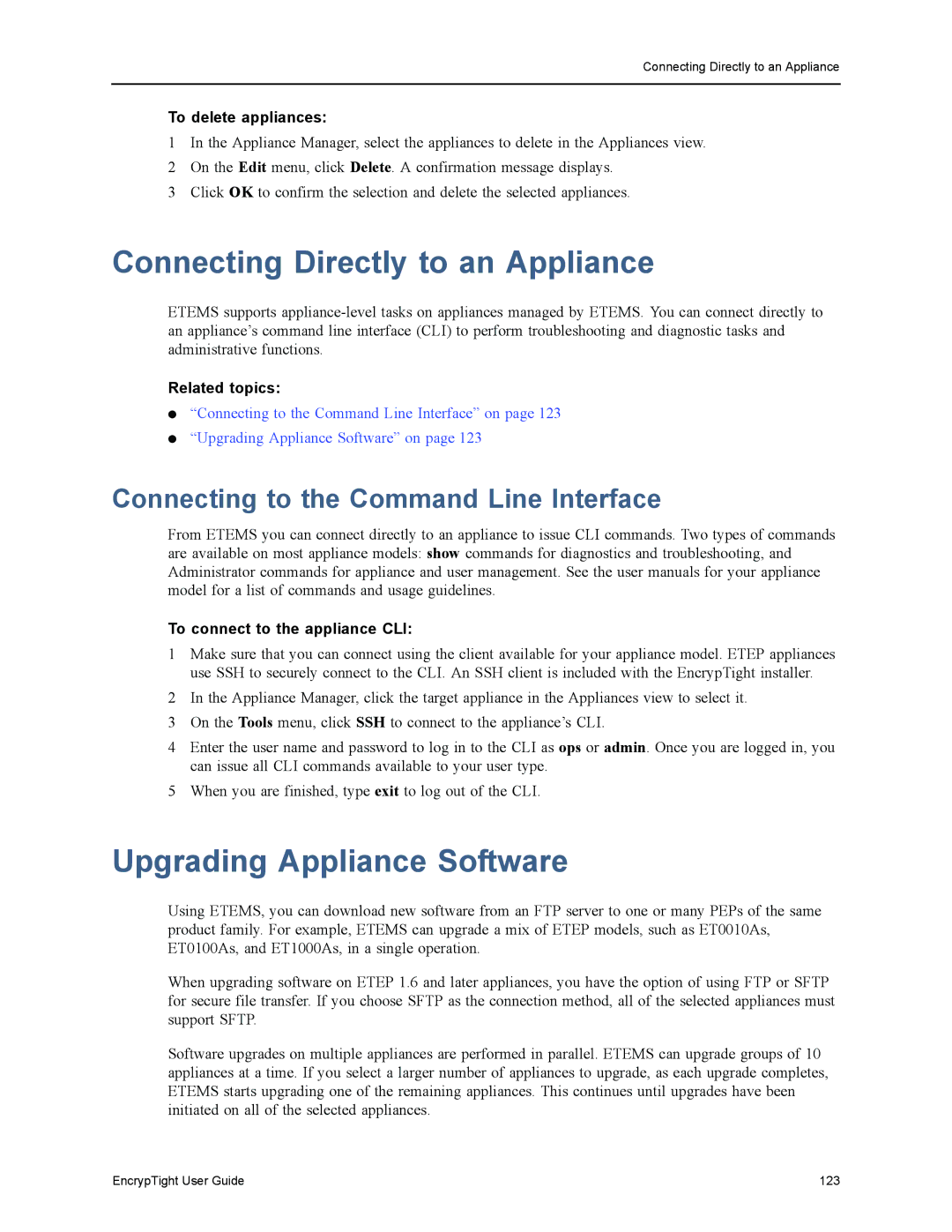 Black Box EncrypTight, ET1000A Connecting Directly to an Appliance, Upgrading Appliance Software, To delete appliances 