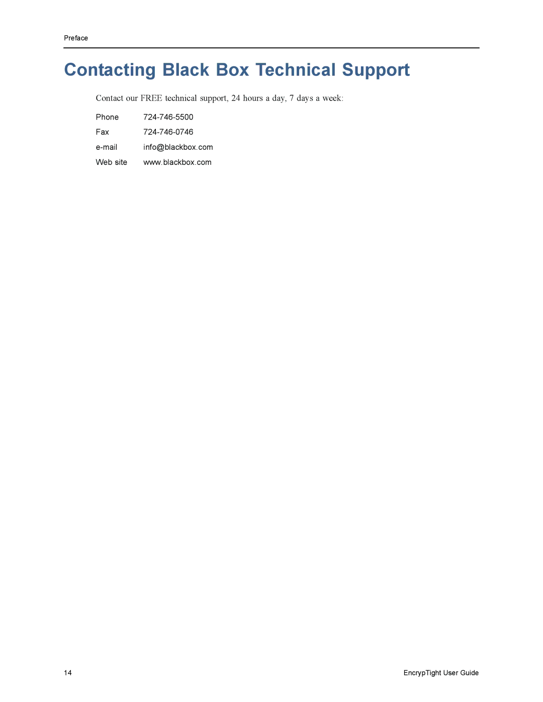 Black Box ET0010A, ET1000A, EncrypTight, ET0100A manual Contacting Black Box Technical Support 