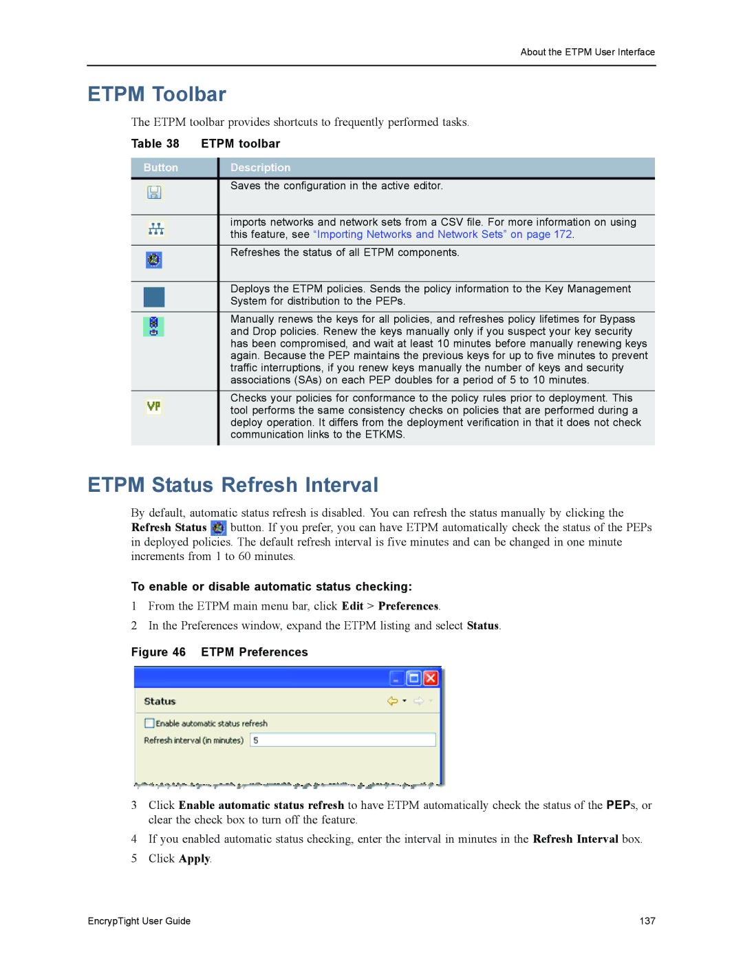 Black Box ET1000A Etpm Toolbar, Etpm Status Refresh Interval, Etpm toolbar, To enable or disable automatic status checking 