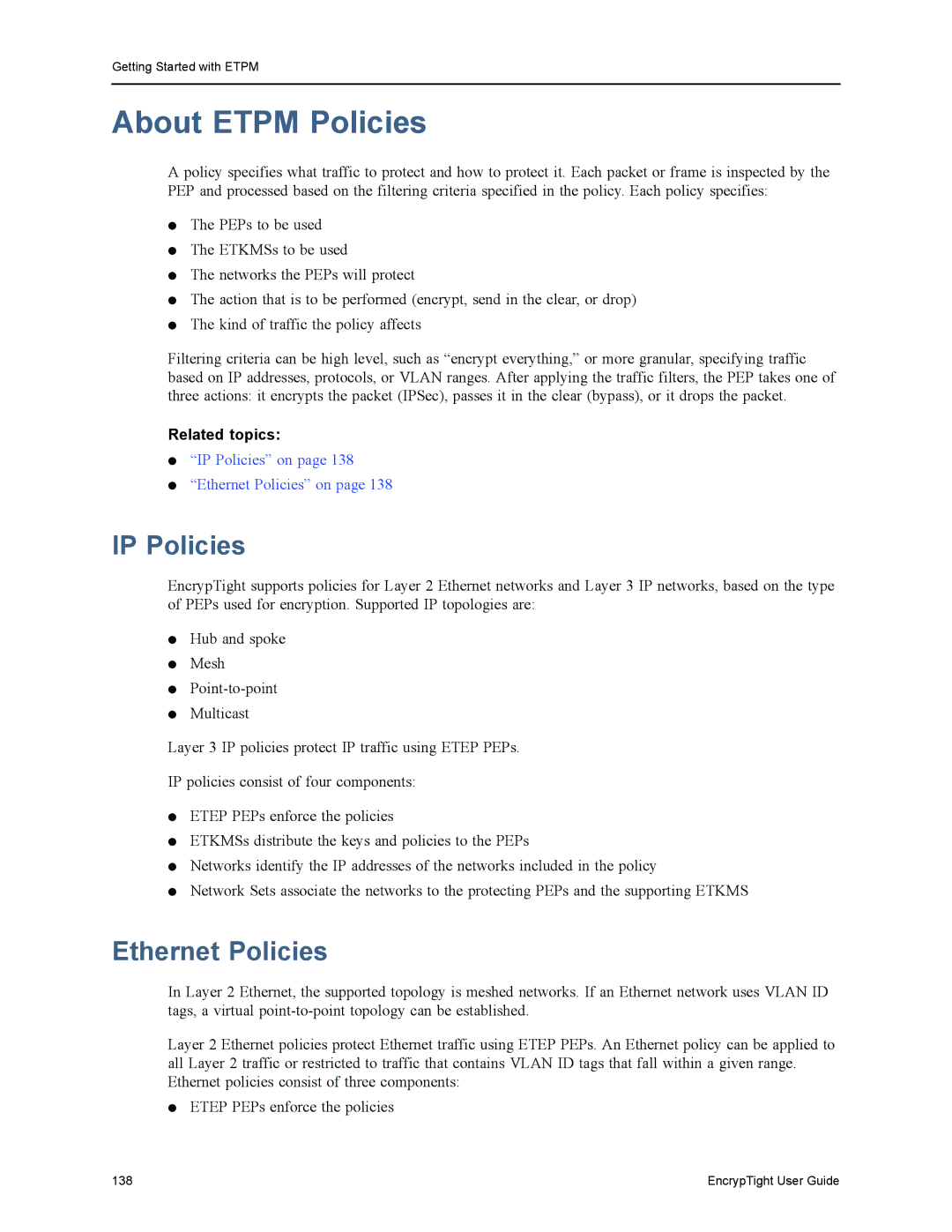 Black Box ET0010A, ET1000A, EncrypTight, ET0100A manual About Etpm Policies, IP Policies, Ethernet Policies 