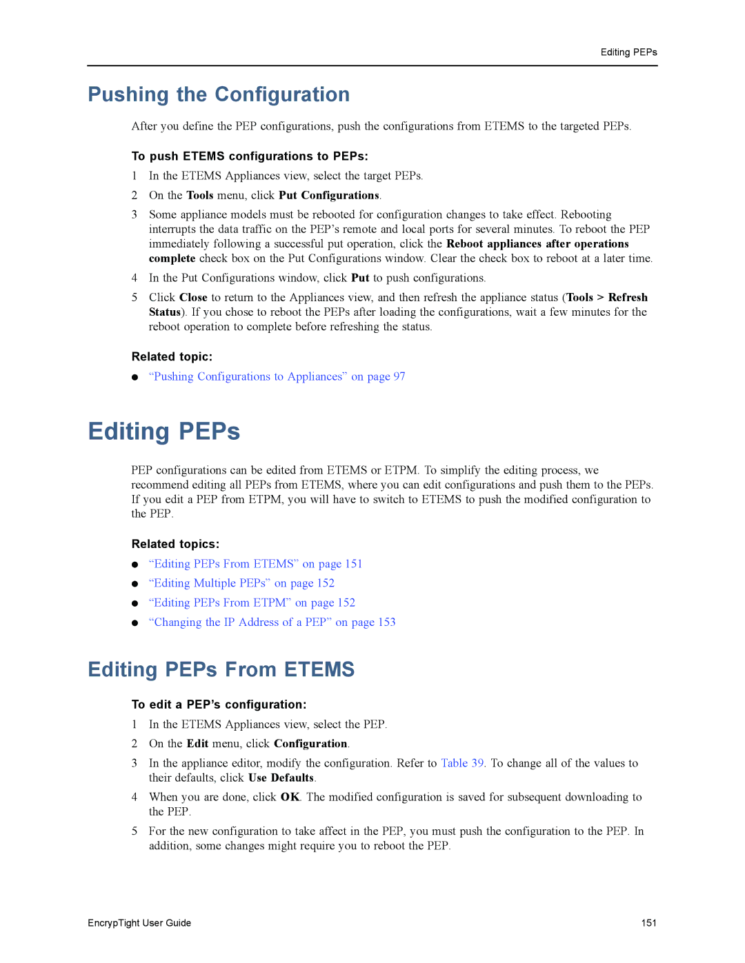 Black Box EncrypTight manual Pushing the Configuration, Editing PEPs From Etems, To push Etems configurations to PEPs 