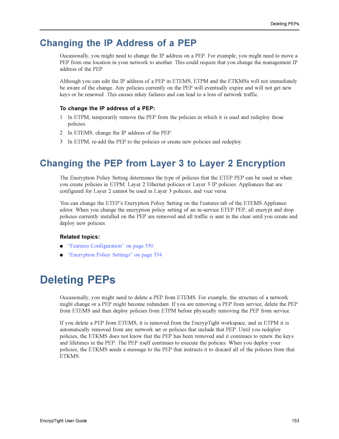 Black Box ET1000A Deleting PEPs, Changing the IP Address of a PEP, Changing the PEP from Layer 3 to Layer 2 Encryption 