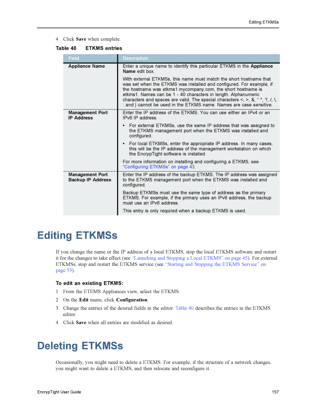 Black Box ET1000A, ET0010A, EncrypTight, ET0100A Editing ETKMSs, Deleting ETKMSs, Etkms entries, To edit an existing Etkms 