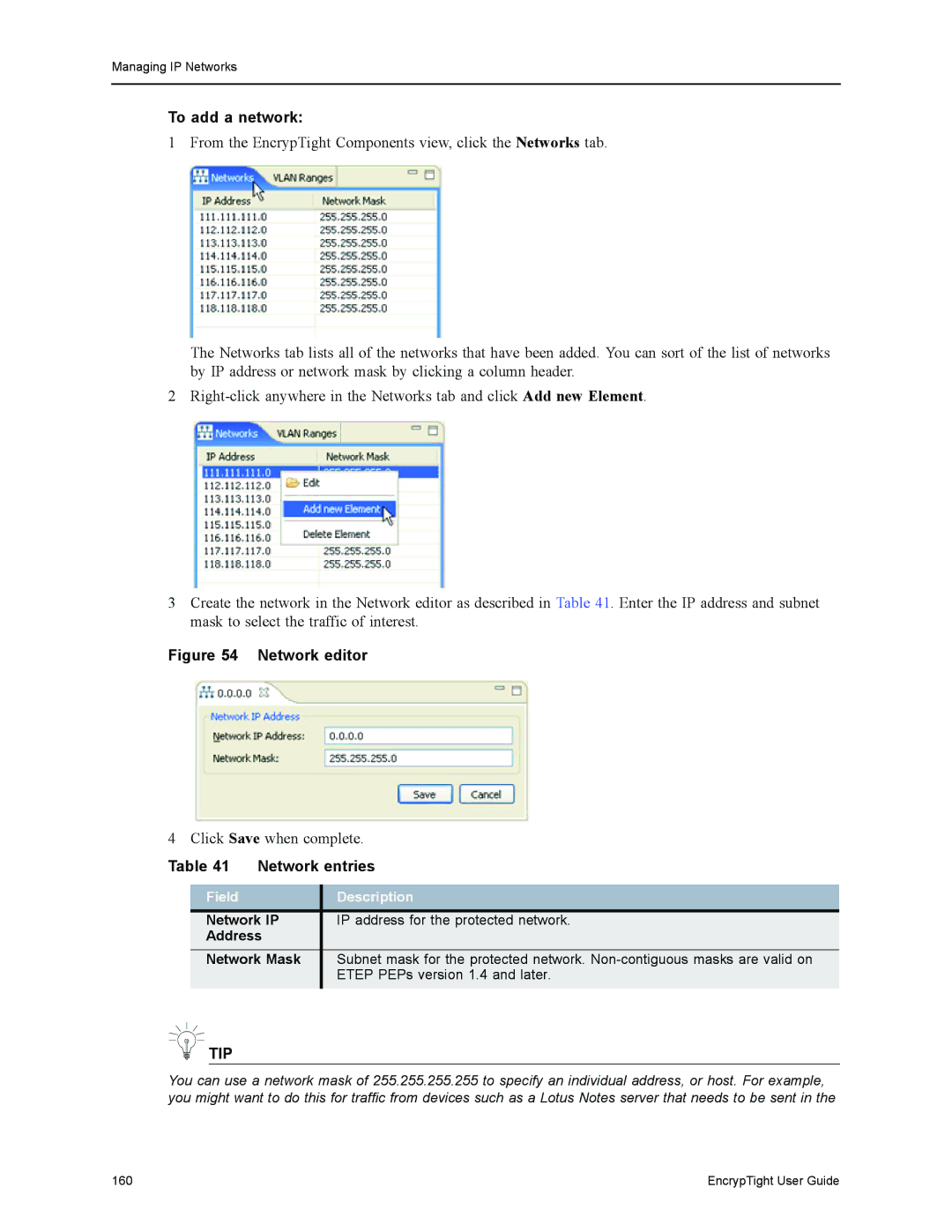 Black Box ET0100A, ET1000A, ET0010A, EncrypTight manual To add a network, Network entries, Network IP, Address Network Mask 