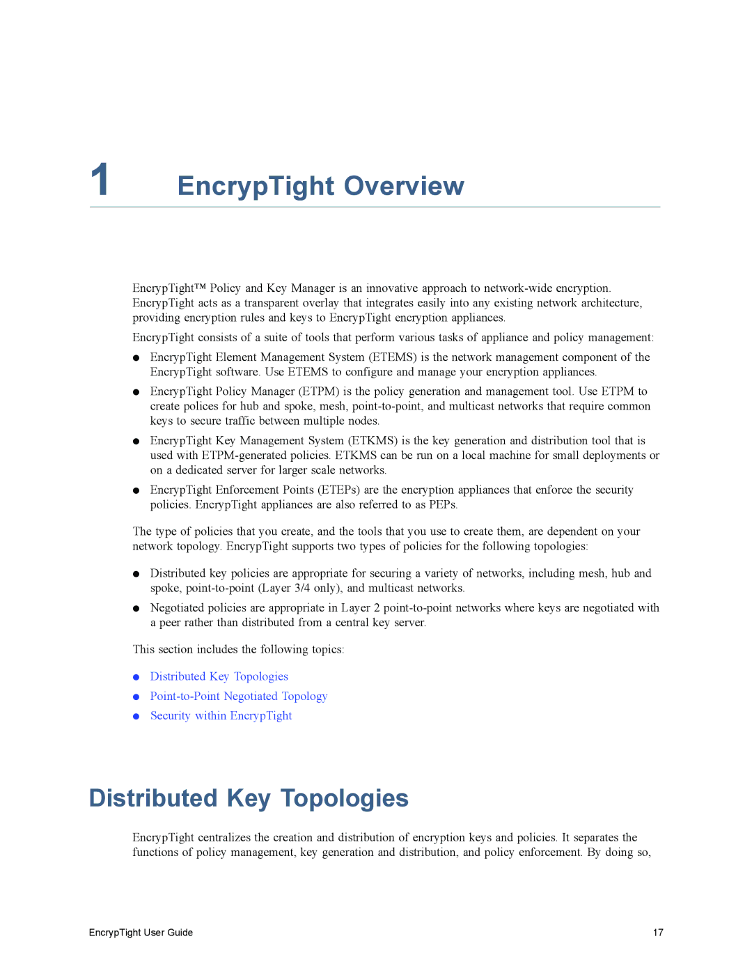 Black Box ET1000A, ET0010A, ET0100A manual EncrypTight Overview, Distributed Key Topologies 