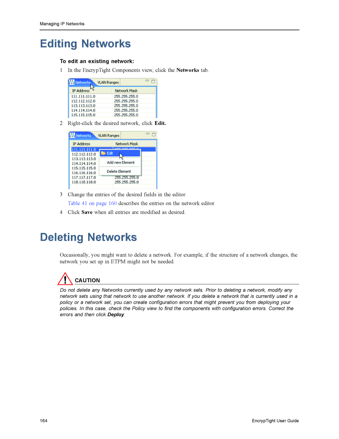 Black Box ET0100A, ET1000A, ET0010A, EncrypTight manual Editing Networks, Deleting Networks, To edit an existing network 